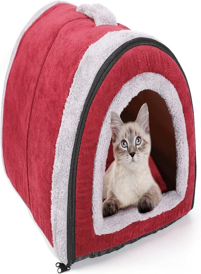 Fluffy's Luxurious 2-in-1 Foldable Pet House Ultra Soft Bed for Cat Dogs, Warm Portable Washable Indoor Puppy Kitten Beds Cave Tent Nest (S, Red) - Image 1
